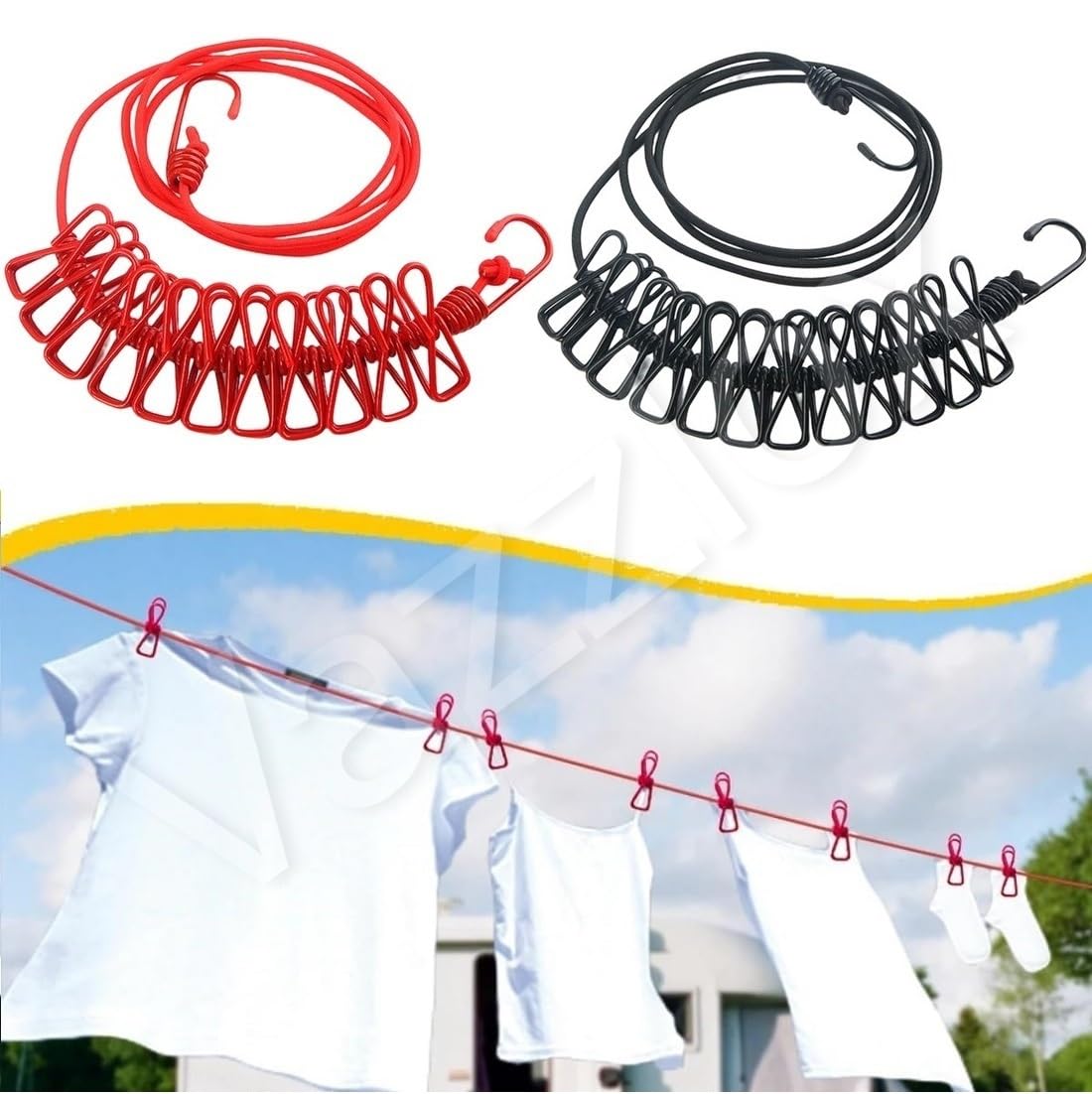 Cloth Drying Rope with Hooks (Pack of 2) Elastic Cloth Hanging